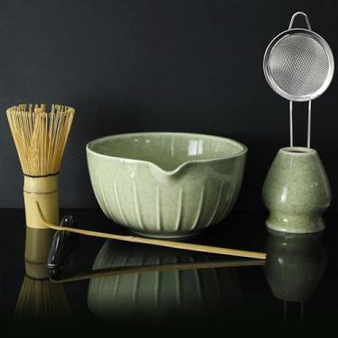 Imagem de Conjunto de 7 batedores Matcha – Conjunto de matcha de cerâmica com tigela, batedor, suporte, colher de bambu, descanso, peneira e toalha de chá – Kit Matcha elegante presente para mulheres