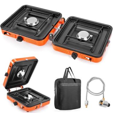 Imagem de GGC Fogão de acampamento dobrável a propano de 2 bocas, fogão de acampamento portátil de 16.500 BTU com chama ajustável, ignição piezoelétrica e bolsa de transporte, equipamento de acampamento