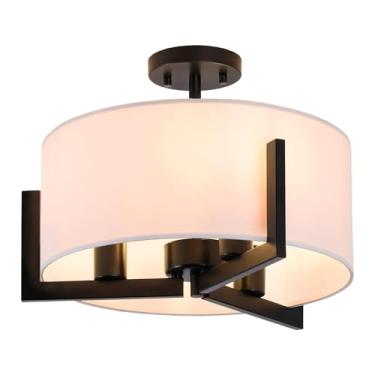 Imagem de Mecuss Luminária De Teto Semi-Embutida De 16 Polegadas: Luminárias Modernas Pretas De 3 Luzes Para Montagem No Teto Com Cúpula De Tecido, Perto Do Teto Para Quarto, Cozinha, Entrada (Sem Lâmpada)