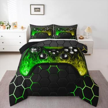 Imagem de Conjunto de edredom completo para meninos, crianças, verde, preto, adolescente, decoração de sala de jogos, videogame 3D, macio, geométrico, acolchoado, para crianças