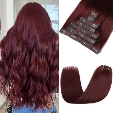 Imagem de Rimoss Extensões de cabelo humano real com clipe - 45,7 cm 120 g 7 peças, cor vermelho vinho - Grampo de cabelo humano Remy macio em extensões, trama dupla reta para mulheres (#99J 18 polegadas)