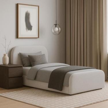 Imagem de Cama de Solteiro Estofada Linha Alta Tecido Linho Cinza ou Off White V