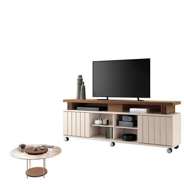 Imagem de Rack Bancada Rivera 1.8 Com Mesa De Centro Sky Com Tampo De Vidro Off White Castanho – Hb Móveis