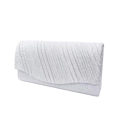 Imagem de Bolsa Clutch Festa Feminina Prata Poliéster Listrado Mão Ombro Transversal Com Correntes Removíveis