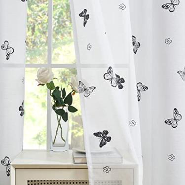 Imagem de Cortinas transparentes brancas com design floral borboleta preta 153 cm de comprimento, cortinas de janela texturizadas para quarto de meninas crianças cortinas de janela com bloqueio leve varão com bolso na parte superior, conjunto de 2