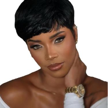 Imagem de Perucas Curtas Curtas para Mulheres Negras Cabelo Humano Afro Kinky Curly Peruca Virgem Brasileira Corte Pixie Peruca de Cabelo Humano com Franja 150% Densidade Nenhuma Peruca Frente de Renda (LJH-153