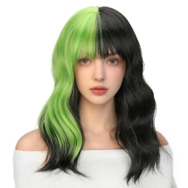 Imagem de LINGHANG Peruca feminina preta e verde na altura dos ombros, ondulada, com franja, cabelo sintético resistente ao calor para cosplay, dia das bruxas, uso diário em festas