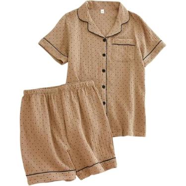 Imagem de Pijamas Para Mulheres Algodão Verão Mulheres Pijamas Polka Print Pijamas Shorts De Manga Curta Feminina Conjunto De 2 Peças, Brown, L