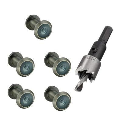 Imagem de TOGU 5 peças de furos de latão sólido de 220 graus para porta com broca de 16 mm, olho mágico de porta de 1,6 cm com privacidade, compatível com porta grossa de 3,5 cm a 6,5 cm, acabamento em bronze