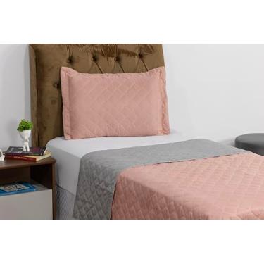 Imagem de Colcha Solteiro Dupla Face Vegas – Kit 3 Peças (Colcha + Lençol Elástico + Fronha) – Tecido Reversível Moderna – Lavável - Cobre leito cama Box (Rosê/Cinza)