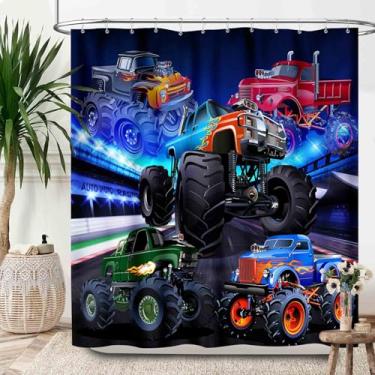 Imagem de Lnepty Cortinas de chuveiro de carro de corrida, desenho animado 3D frota carro de corrida estádio jogo legal tema caminhão monstro tecido impermeável conjunto de cortina de chuveiro de banheiro com
