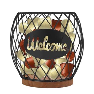 Imagem de Cesta de cápsulas de café, suporte resistente com base de madeira para casa, café, bar, bancada, decoração de cozinha, acessórios de armazenamento (preto)