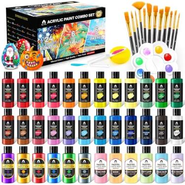Imagem de Conjunto de 52 peças de tinta acrílica clássica, metálica e pastel com 12 pincéis, 2 facas e paleta, 36 cores (60 ml) - para adultos, crianças, artistas e iniciantes - Kit de pintura de artes e