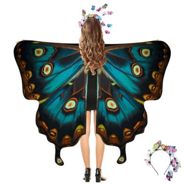 Imagem de cosmisun Fantasia de xaile de asas de borboleta – capa de asa de borboleta verde malaquita para mulheres, conjunto de faixa de cabeça multicolorida para festa de adultos, acessório de foto diária