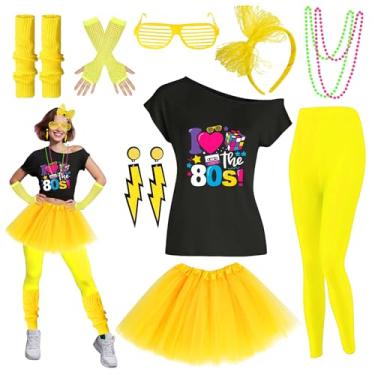 Imagem de Conjunto de acessórios femininos para fantasia dos anos 80, shorts, saia tutu, polainas para festa Neno, Amarelo, 2X-Large
