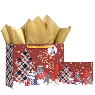 Imagem de LeZakaa Bolsa de presente de Natal de 33 cm para meninos, cachorro festivo em suéter e design de árvore de Natal xadrez de búfalo, papel de seda dourado, cartão de felicitações e etiqueta, 33 x 25 x