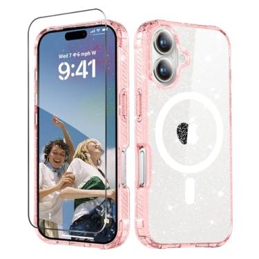 Imagem de MIODIK Capa compatível com iPhone 17, [compatível com Magsafe] com protetor de tela, capa de telefone feminina com glitter transparente, capa protetora à prova de choque para 17 6,3 polegadas - rosa