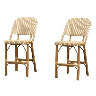 Imagem de PURPLE LEAF Conjunto de 2 bancos de bar com altura de balcão de 63,5 cm, cadeiras de bar de vime francês, com acabamento em teca, bancos de bar sem braços para varanda e jardim, cozinha interna, cáqui