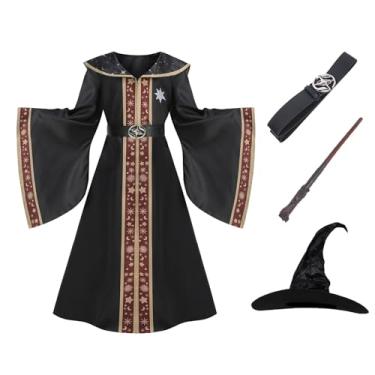 Imagem de AGCOAH Fantasia infantil de feiticeiro para meninos e meninas, roupas de bruxo das trevas com cinto de chapéu, varinha mágica, cosplay de Halloween (6-14 anos), Preto, G