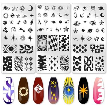 Imagem de beinkmake 3 peças de placa de estampagem de unhas de estrelas de fantasia planetas sol lua arte em unhas modelos de carimbos de aço inoxidável reutilizáveis com raspador de carimbo para impressão de