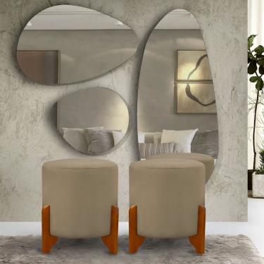 Imagem de 2 Puff Principe Thor Redondo Pés De Madeira Tecido Veludo Bege