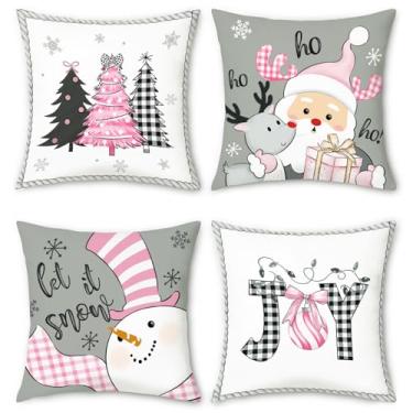 Imagem de COZZSNUGE Capas de almofada de Natal, cinza e rosa, Papai Noel, boneco de neve, árvore de Natal, alegria, inverno, aveludado, fronhas decorativas para sofá-cama, casa, pátio, conjunto de 4, 45 x 45 cm