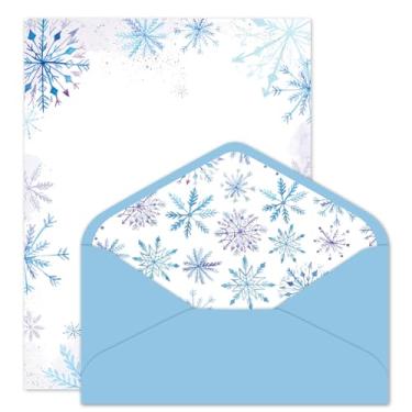Imagem de Whaline 30 peças de papel de papelaria de floco de neve de inverno com 30 envelopes papel de carta de Natal azul roxo papel de escrita de um lado para aniversário, convites de casamento e saudações