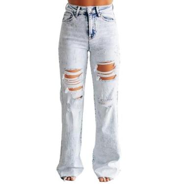 Imagem de Calça jeans Flamingals, bota rasgada, cintura média, elástica para mul