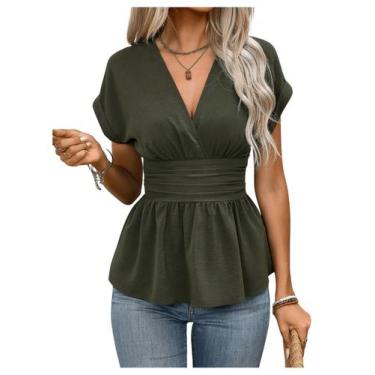 Imagem de Blusa feminina Milumia com decote em V, manga curta, verde, GG