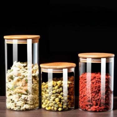 Imagem de Potes Hermeticos Bambu, Kit com 3 Ou 5 Potes Vidro com Tampa Bambu Super Vedação Hermético Conjunto Porta Mantimento, Adequado para Armazenar Grãos E Produtos Secos(Kit 3 Potes)