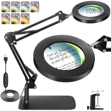 Imagem de 10X Lupa de Mesa, Luminária de Mesa LED 2 em 1 com Braçadeira, 7 Modos de Cor, Brilho com Ajuste Contínuo, Lupa com Luz para Leitura, Trabalho de Perto e Hobby/Lâmpada de lupa