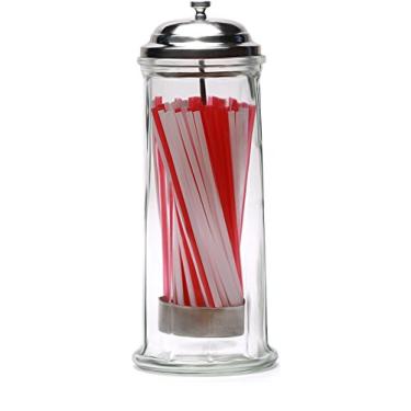 Imagem de Circleware Porta-copos de canudo de vidro retrô com tampa de metal e tubos de bebida vermelhos e brancos incluídos, comporta lápis e pauzinhos, 27,4 cm A x 10,4 cm L, pote de utensílios vintage