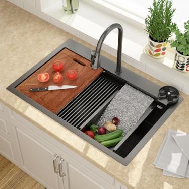 Imagem de Lordear Pia de cozinha suspensa 33 com torneira 83 x 55 cm, cachoeira, preta, aço inoxidável, calibre 16, pia, estação de trabalho, pia inteligente com botão de interruptor separado