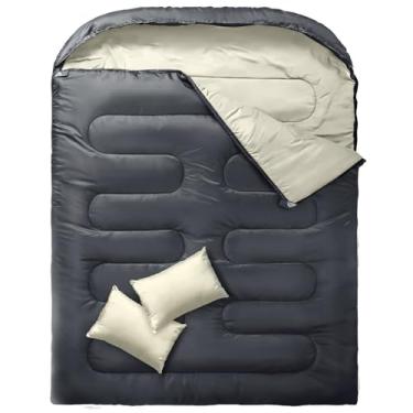 Imagem de MEREZA Saco de dormir duplo para adultos e homens, com travesseiro, tamanho Queen, saco de dormir para duas pessoas para todas as estações, acampamento, caminhada, mochilão, sacos de dormir para 2