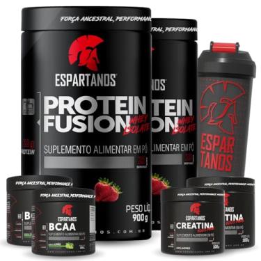 Imagem de Kit 2x Whey Protein Fusion Morango 900g + 2x BCAA em Pó Limão 100g + 2x Creatina 100g + Coqueteleira - Espartanos