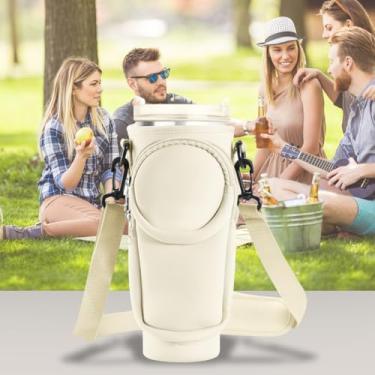 Imagem de Bolsa de transporte para garrafa de água com bolso para celular Stanley de neoprene com alça ajustável, 2 capas de canudo Stanley e mosquetão para acessórios Stanley Cup (bege)