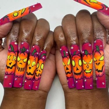 Imagem de Pregos compridos quadrados de Halloween com cola falsa vermelha com design de grafite de abóbora, strass, cobertura total, bastão falso artificial em unhas de acrílico para mulheres, 24 peças