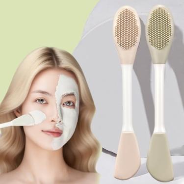 Imagem de Pacote com 2 pincéis de máscara facial de ponta dupla, aplicador de silicone para cuidados com a pele, pincel de beleza macio e reutilizável para spa doméstico (verde, cinza damasco)