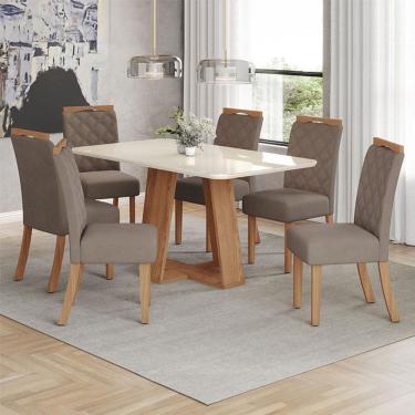 Imagem de Mesa de Jantar Lins 160cm Canto Arredondado com Vidro Ambiente Nature Off White com 6 Cadeiras Bella Amêndoa - Henn