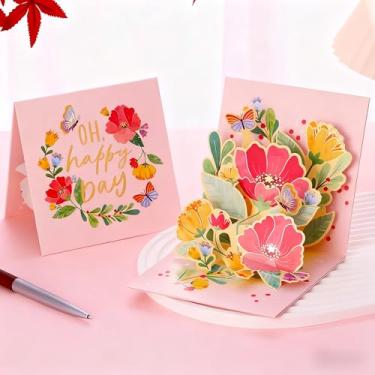 Imagem de Cartão pop-up floral 3D com borboletas, cartão de felicitações OH Happy Day