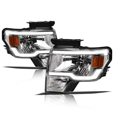 Imagem de Alpha Owls 8711712 Faróis de cristal com barra de luz LED branca - Âmbar cromado serve para modelos de halogênio Ford F150 2009-2014