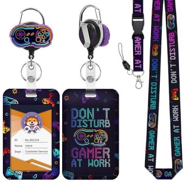 Imagem de JroyJoy Porta-crachá de identificação com cordão e carretel retrátil resistente – Design exclusivo neon legal, modo de jogo ligado, serve para crachá de identificação escolar, cartão de visita