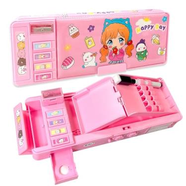 Imagem de Estojo de lápis multifuncional pop-up para meninas, caixa organizadora de canetas de desenho animado fofo com trava de senha, apontador, agenda, quadro branco, material escolar, melhores presentes de aniversário para crianças adolescentes (rosa 2)