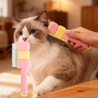 Imagem de Escova autolimpante para animais de estimação, pente de descamação dupla face 2 em 1 com dentes de aço inoxidável, pente de gato para derramamento e cuidados com cães (rosa, 19 x 6 cm)