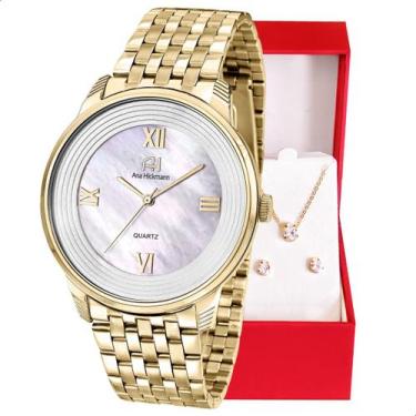Imagem de Kit Relógio Feminino Champion Ana Hickmann Analógico Dourado AH28919H 