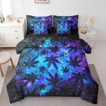 Imagem de Erosebridal Jogo de edredom casal com folhas de maconha, galáxia de cannabis, 7 peças, lençol e fronhas, roxo, azul, feminino, masculino, jovem, decoração de quarto