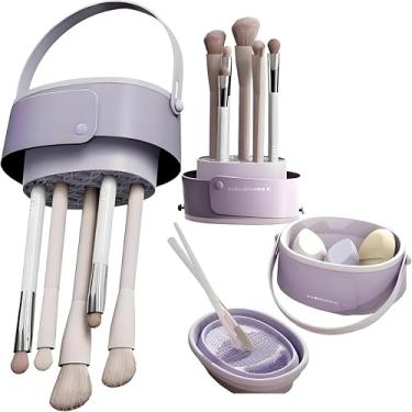 Imagem de Limpador e escorredor de pincéis de maquiagem 3 em 1 | Tapete de silicone dobrável para base, pó, pincéis de sombra | Estojo de viagem portátil, sem necessidade de energia (roxo)