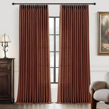 Imagem de Cortinas de linho plissadas marrom avermelhado 246 cm de comprimento para sala de estar, cortinas plissadas com filtragem de luz, cortina de janela semitransparente de teto grosso com ganchos para