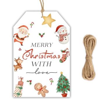 Imagem de 50 peças de etiquetas de Natal para ferver potpourri com cordão, etiquetas de férias cítricas em aquarela rústica para kits de fervura de fogão, panela festiva para embrulho de presente (Feliz Natal)