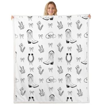 Imagem de Manta ocidental com laços fofos, botas de caubói chapéus, cobertor de lã, desenho animado com laço preto ferraduras, mantas aconchegantes para cama, sofá, sofá, decoração de quarto de crianças